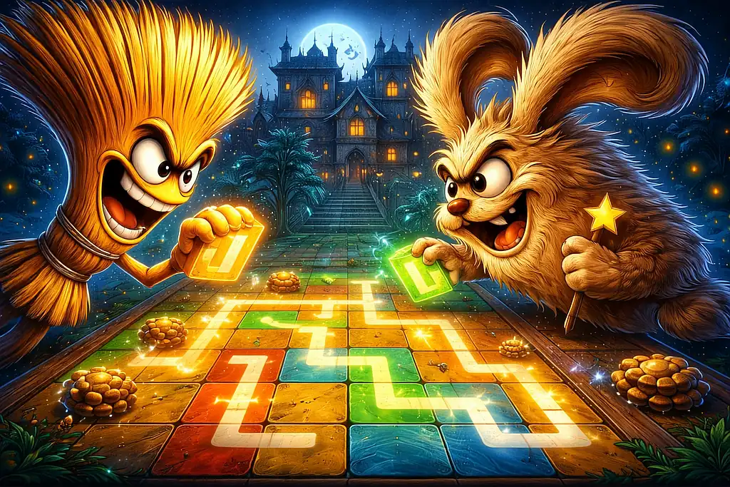 Broom Broom: Duel feature graphic showing Broomy and Dust Bunny facing off